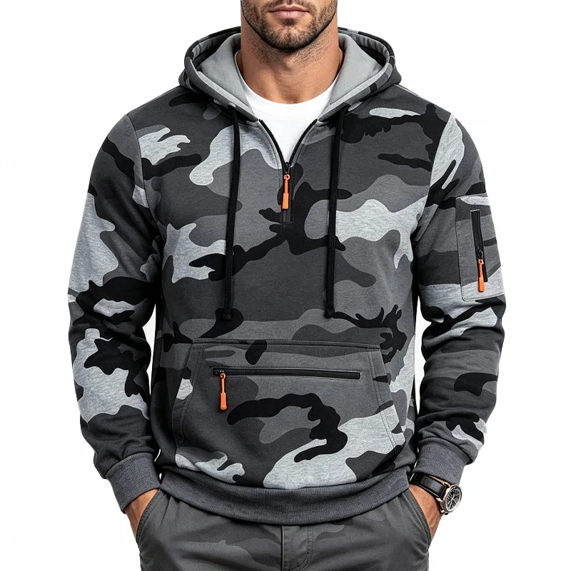Men Camo Half‑Zip Hoodie, Drawstring Hood Multi Zipper Pockets Long Sleeve Casual Pullover Tops