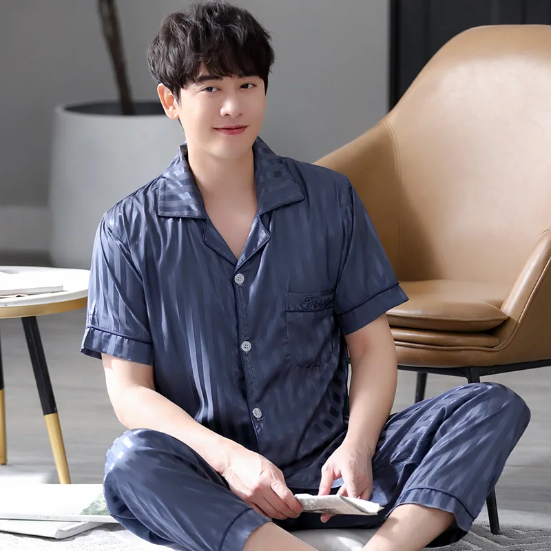 Summer Men Silk Pajamas Sets Striped Sleepwear Sleep Short Sleeve Cardigan Tops Long Pants Nightwear Male Home Clothes M-3XL