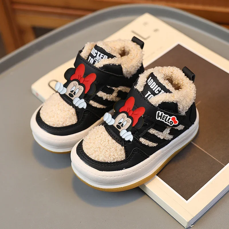 

Хлопковая обувь для малышей, флисовая теплая повседневная обувь с Микки Маусом для мальчиков и девочек, флисовые кроссовки для девочек, зимние первые ходунки
