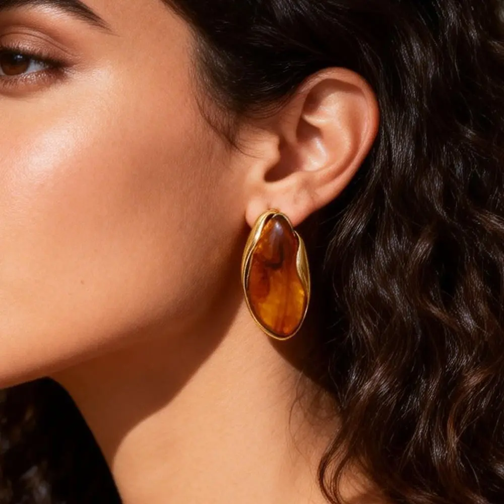 Melard Style Resin Earrings for Women, Fashionable Retro Coffee Color 18K Vacuum Electroplated Titanium Steel Ea