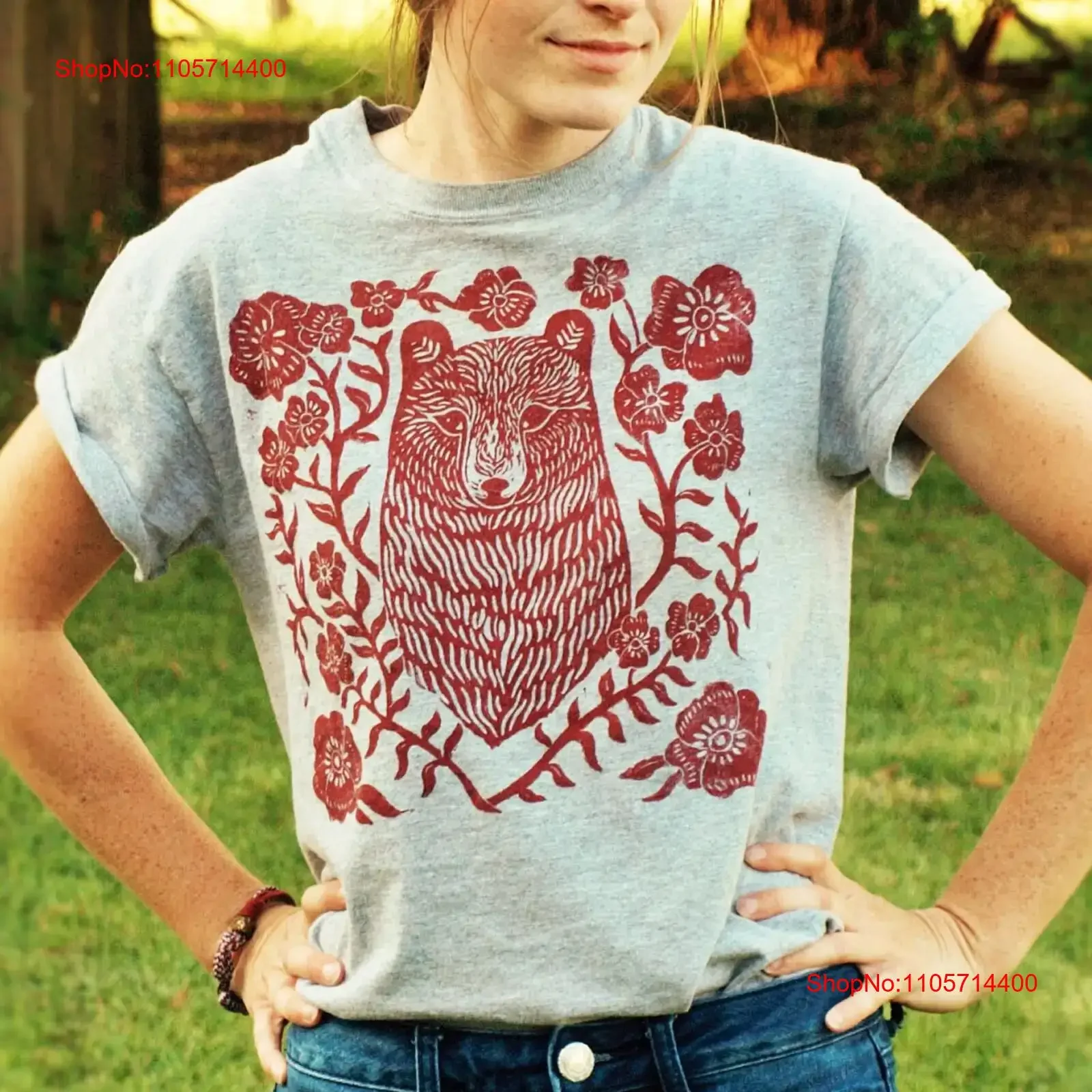 Red BearFlower T shirt Block Linocut Design Hippie Bohemian Rustic Apparel Hiking Woodland Style Clothing vintage Washed