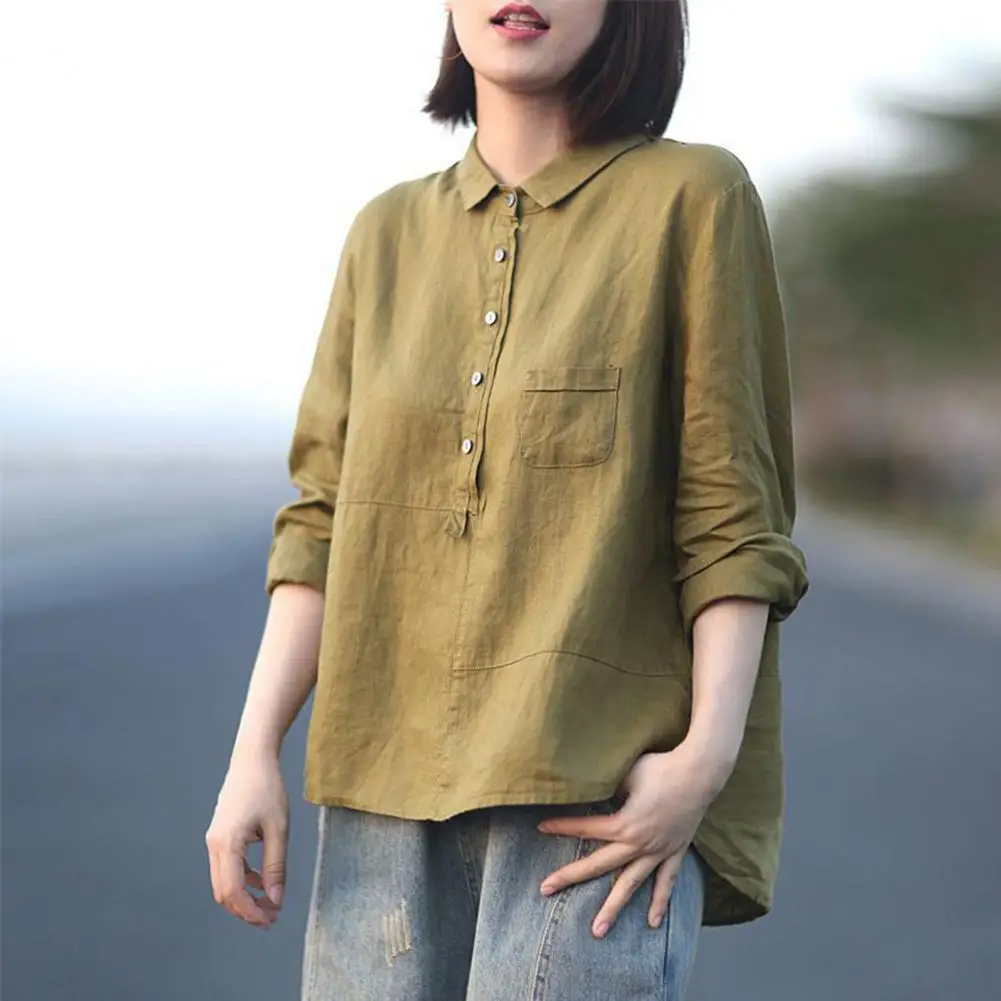 

Women Shirt Tops Casual Women's Shirt Collection Turn-down Collar Long Sleeve Pullover Tops with Patch Pockets Solid Color Loose