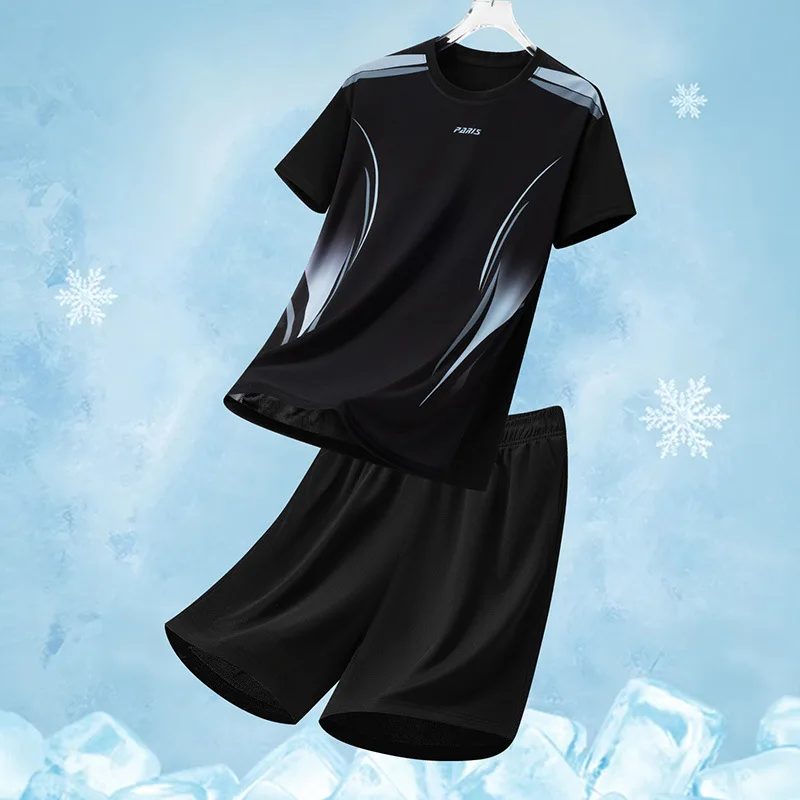 Men's Summer 2 Piece Outfits Gradient Print Loose Quick Dry Breathable Short Sleeve T Shirt Shorts Sportswear for Gym Running