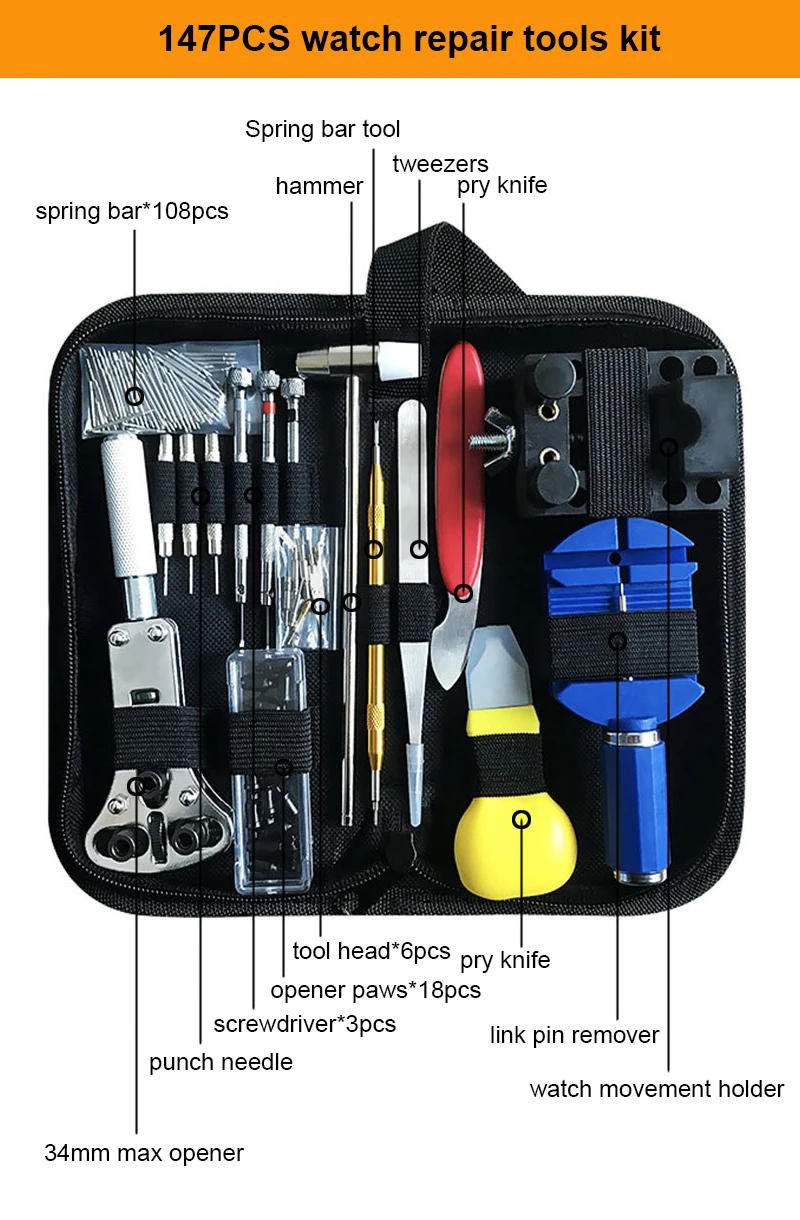 147Pcs Watch Repair Tool Set Professional Clock Battery Replacement Case Opener Watchmaker Spring Bar Link Pin Removal Kit