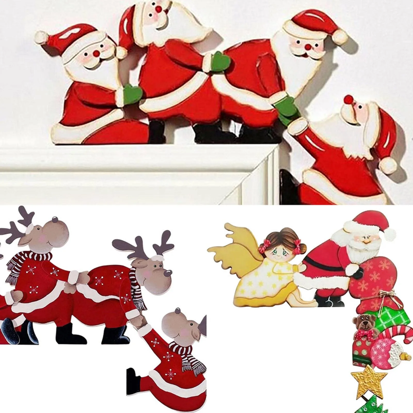 

Christmas Door Frame Wooden Decoration Santa Claus Reindeer Autohesion Ornament Home Merry Party Entrance Xmas Festive Decor