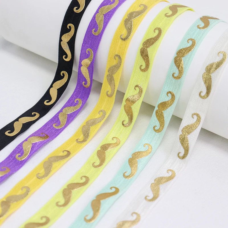 

Wholesale 5/8'' 15mm Gold Silver Beard Printed FOE Fold Over Elastic Ribbon For Hair Ties Sewing Accessories Bracelets