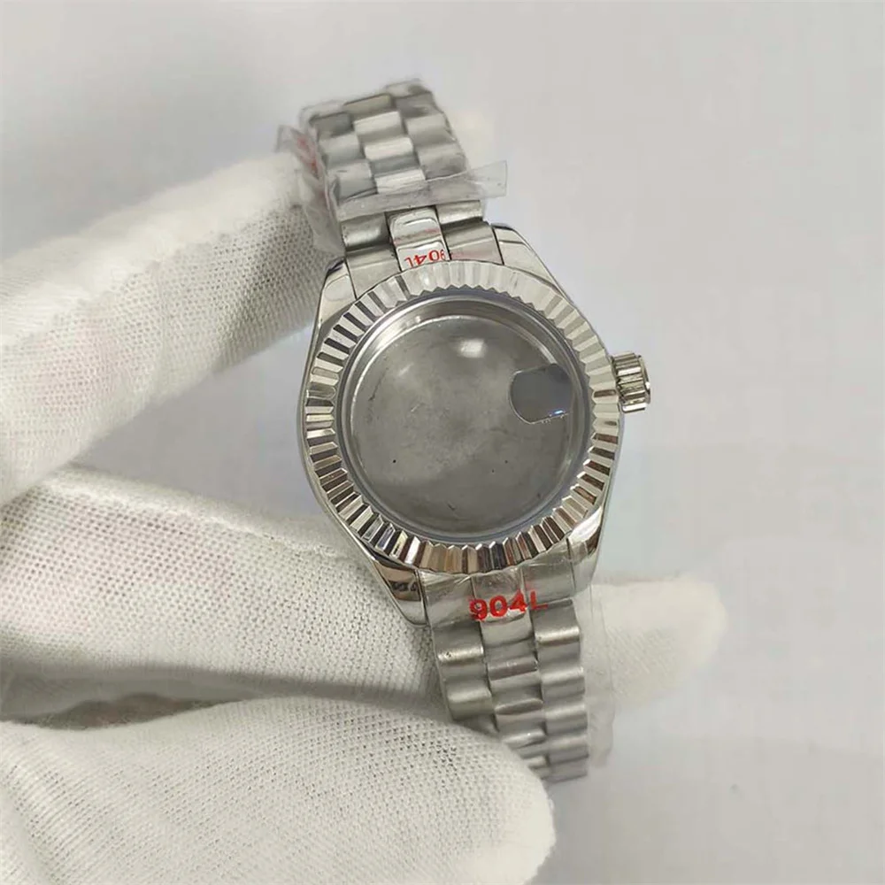 28MM Stainless Steel Watch Case Sapphire Crystal Magnifying Glass Lens+ Fluted Bezel+ President Bracelet for NH05 Movement