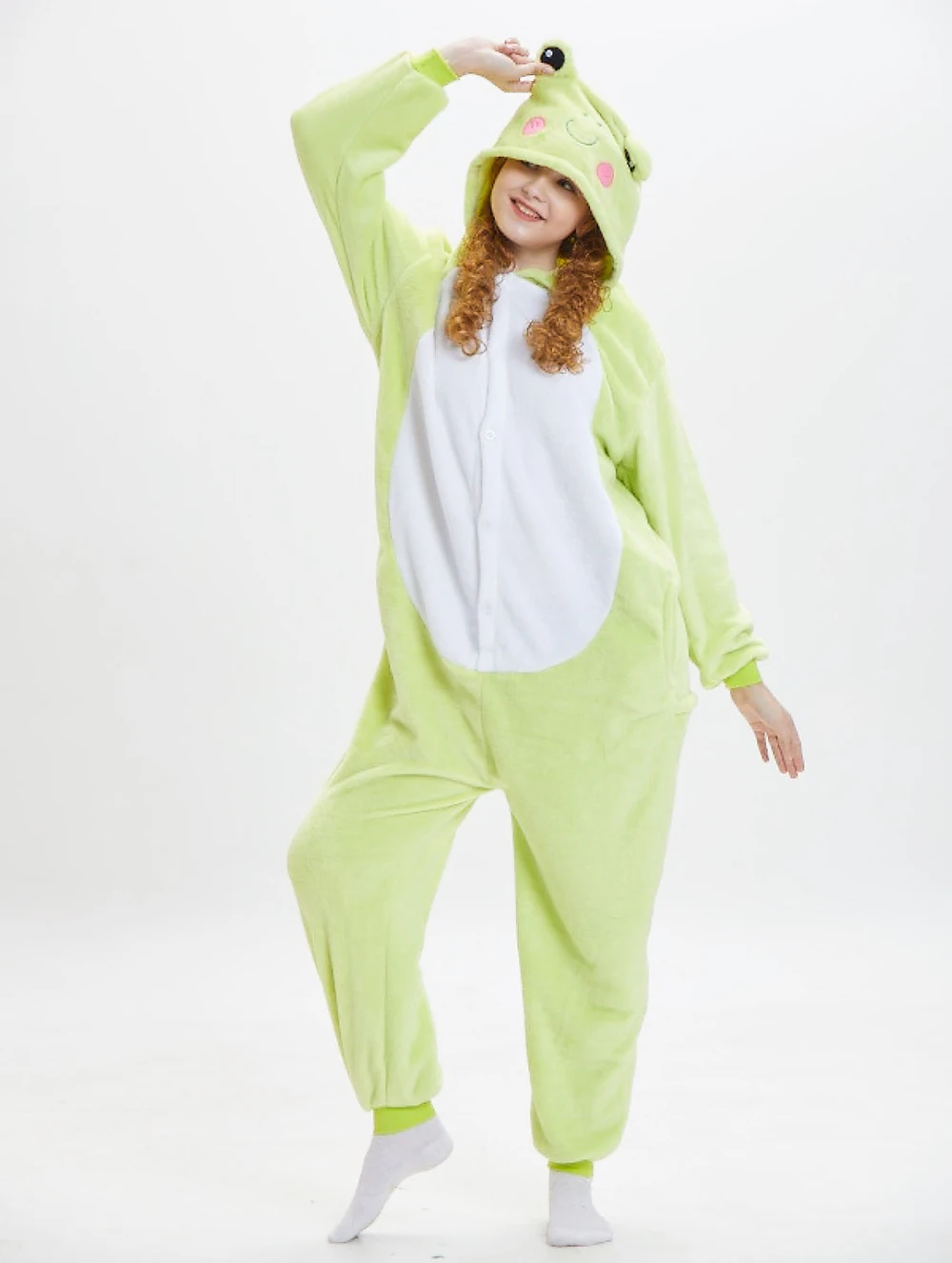 Pijama de una pieza de franela con capucha para mujer, ropa de dormir cómoda de rana verde claro, mono con botón, ropa de ocio para pareja, Cosplay