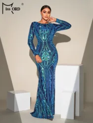 Missord New Lace Blue Round Neck Long Sleeved Sequin Mermaid Evening Gown Wedding Birthday Party Formal Occasion Cocktail Dress