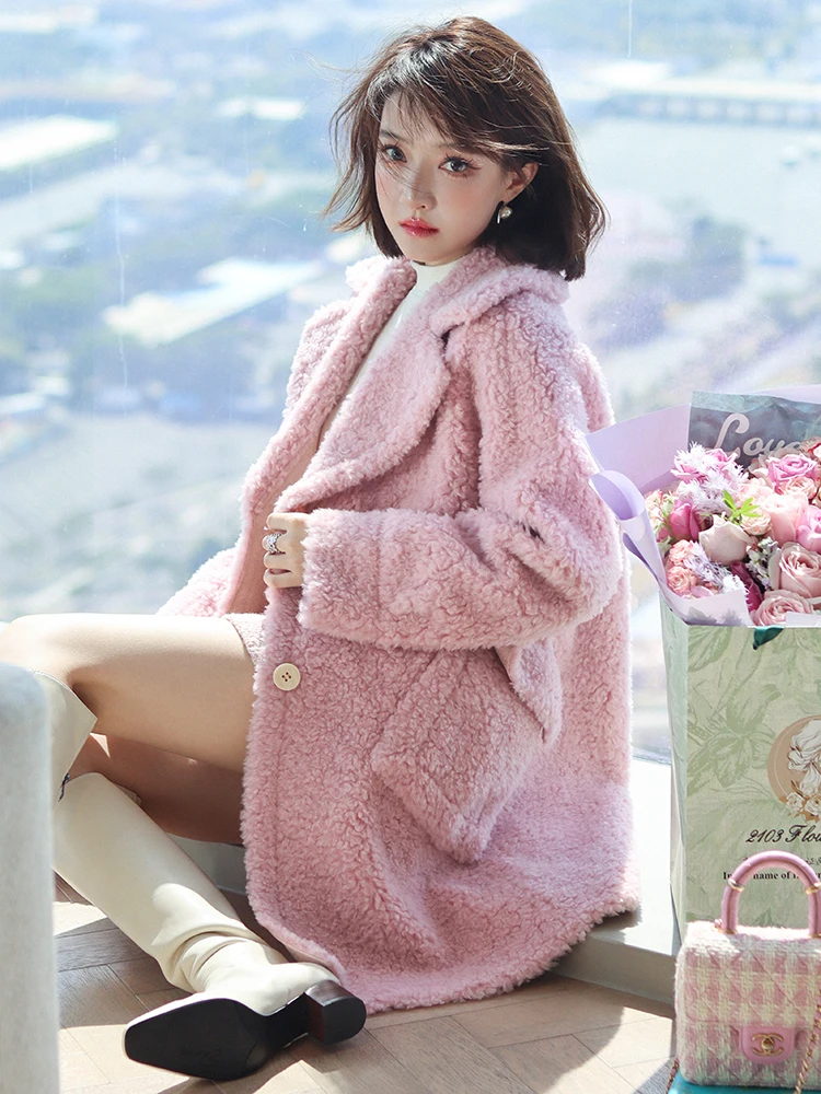 

Sakura Pink Woolen Coat Women's Fur Inteated Suit Collar Lazy Cotton Jaet Long Sve Mid-Length Single Button Closure