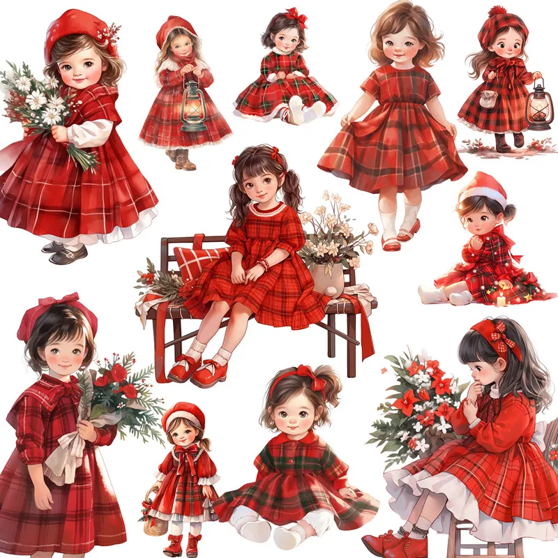 16Pcs/Pack Red Dress Little Girl Sticker DIY Craft Scrapbooking Album Junk Journal Decorative Stickers