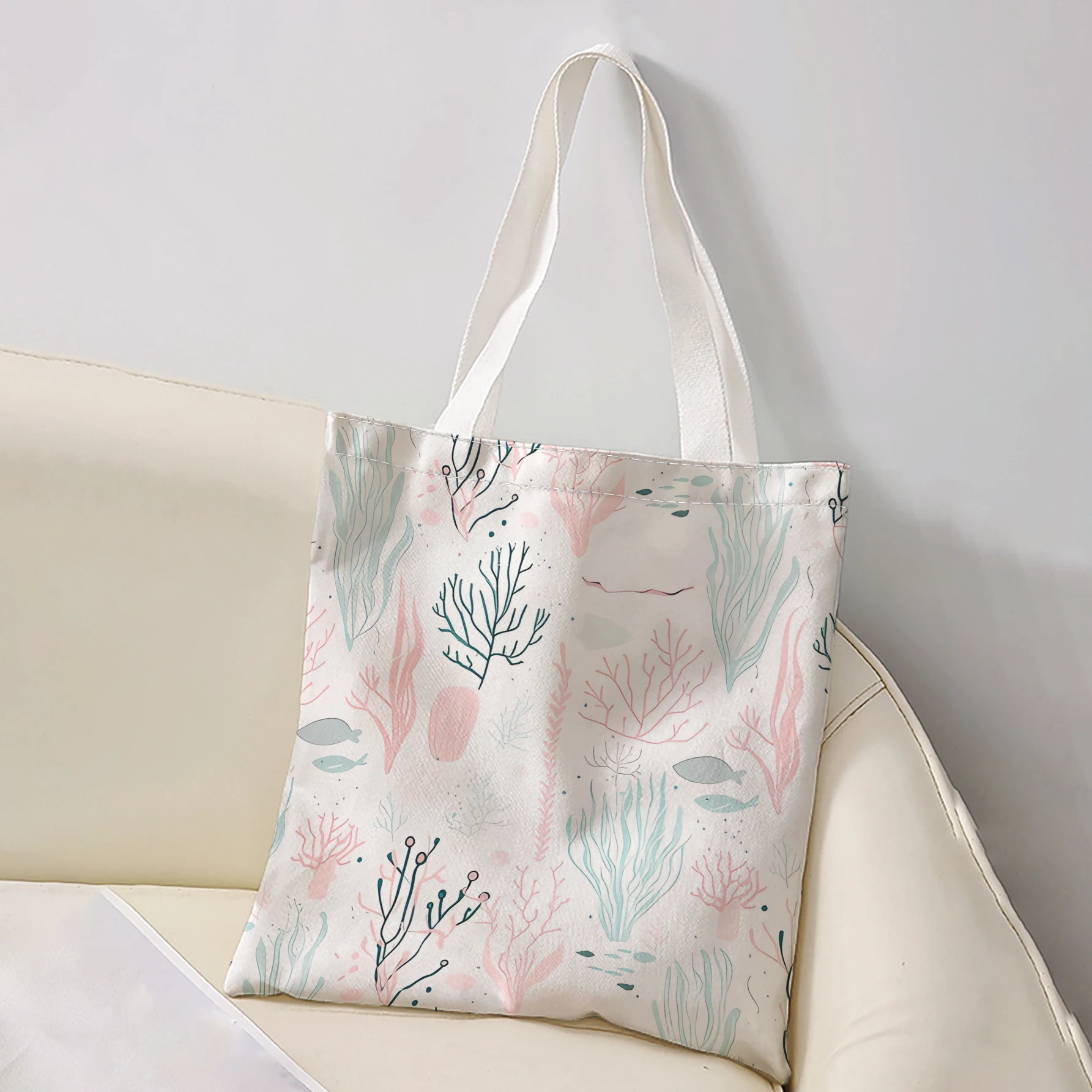 Pastel Seaweed Coral Small Fish Print Tote Bag Large Capacity Shoulder Bag For Shopping Travel Daily Use