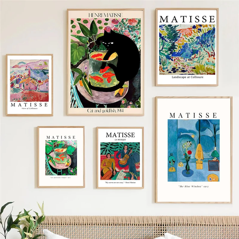 Vintage Colorful Matisse La Musique Cat and Goldfish Poster Canvas Painting for Living Room Home Wall Art Decorative Cuadros