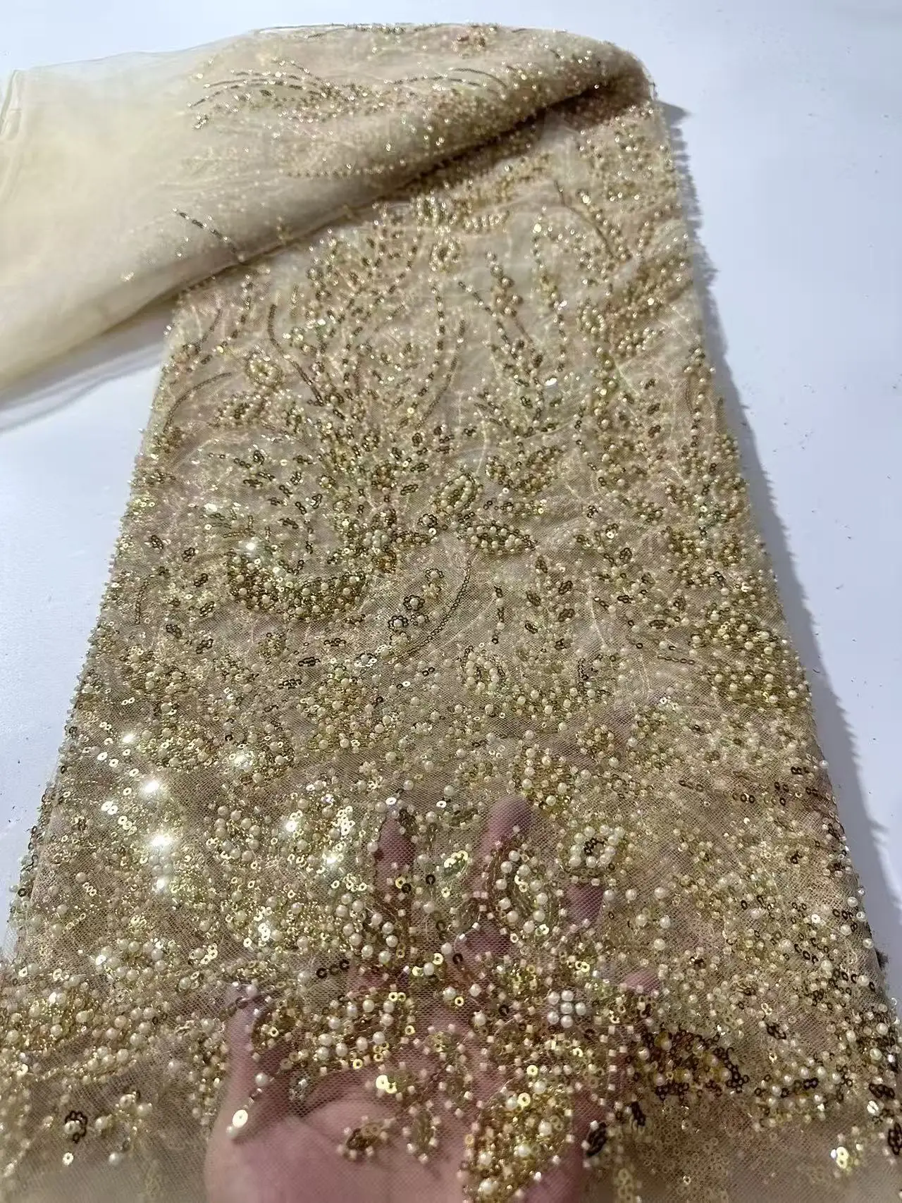 

2026 Gold Hot Sale Fadhion Design Africa Glitter Fabric Embroidery Net Lace With Glued Glitter Sequins Wedding Or Party Dress