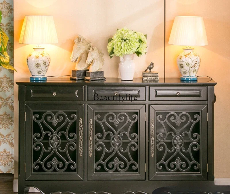 

Retro American porch cabinet solid wood classic black wall storage side cabinet