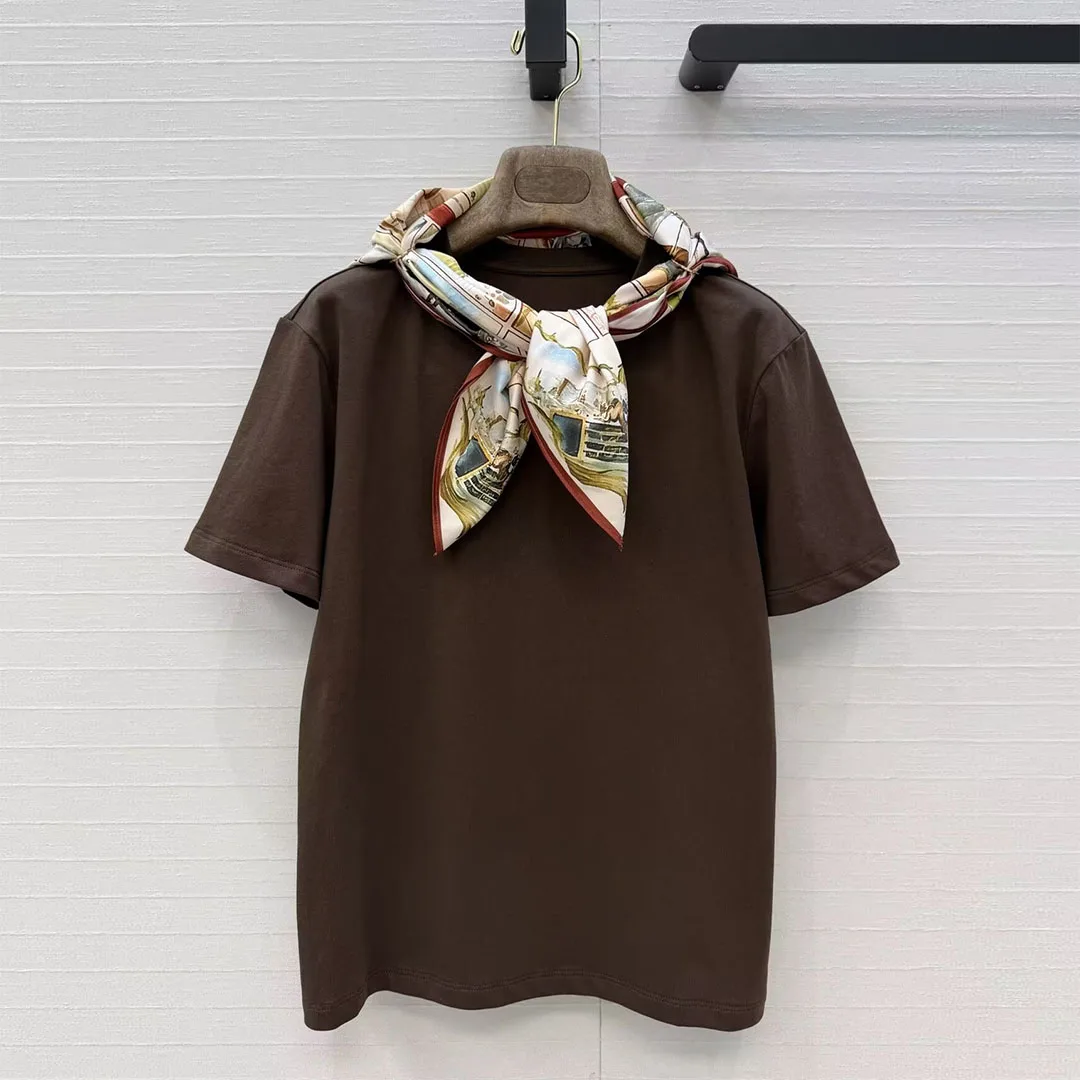 2026 New Summer Novelty Print Horse Pattern Scarf Patchwork Cotton T-shirt Women O-neck Short Sleeve Casual Vintage Tops