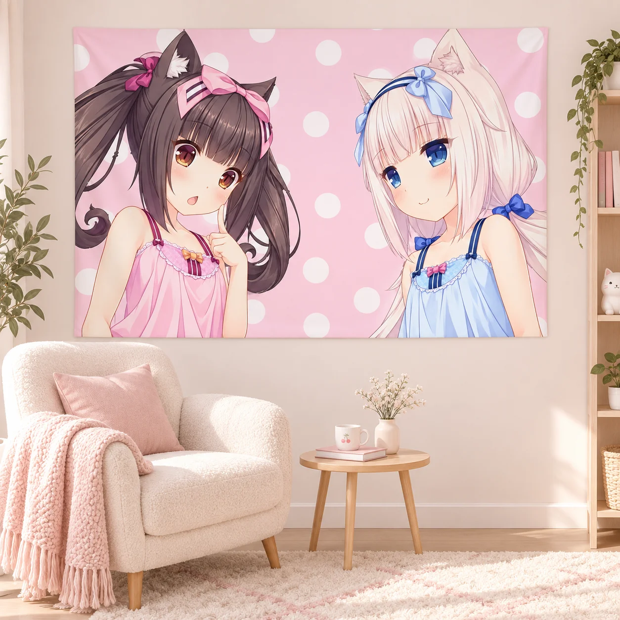 Anime Cat Girl Tapestry Cute Kawaii Wall Hanging Pink Pastel Aesthetic Wall Tapestry for Bedroom Dorm Room Decor Art Background