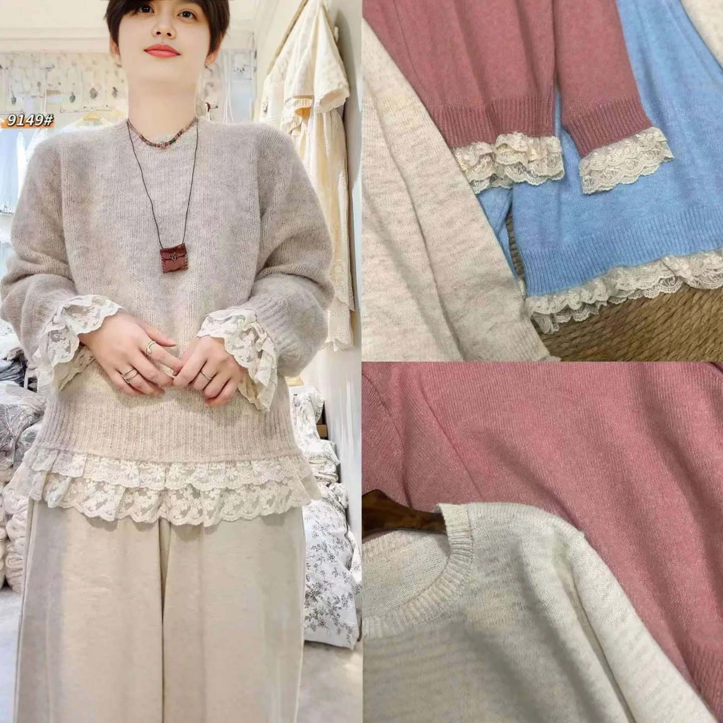 اليابانية الحلو موري فتاة الدانتيل المرقعة محبوك سترة البلوفرات النساء الخريف س الرقبة طويلة الأكمام ملابس تريكو فضفاضة غير رسمية #4