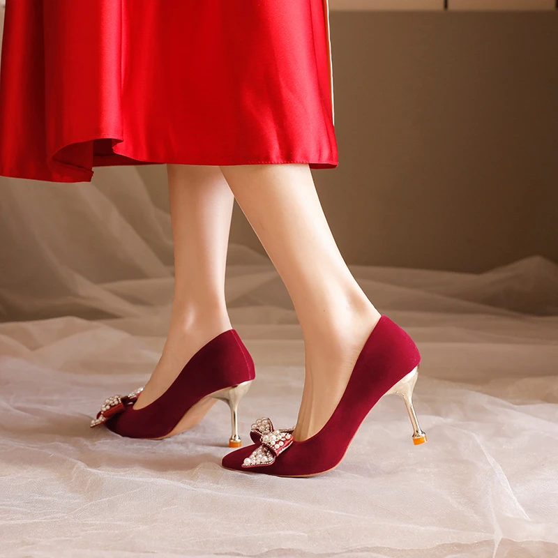 Sexy Red Velvet Wedding Shoes for Women 2024 Luxury Pearl Bowknot Pointed Toe Pumps Woman Stiletto High Heels Dress Shoes