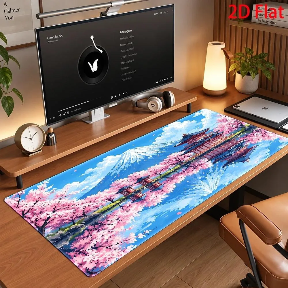 Japanese-style cherry blossom temple large mouse pad, serene Mount Fuji desktop pad, traditional Zen design, New Year decoration