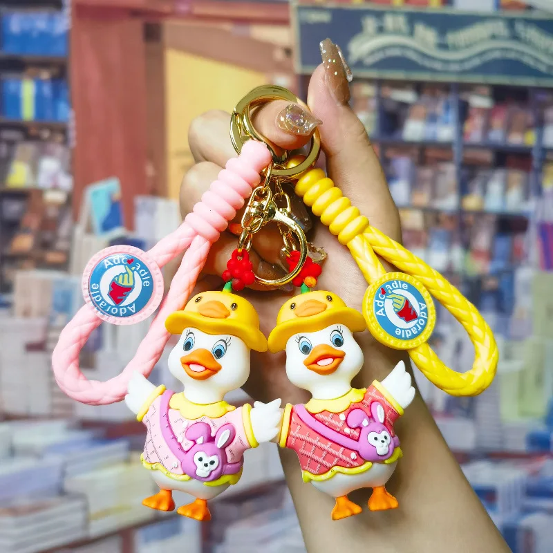 Cartoon cute diagonal backpack duck keychain with hat fashion duck couple bag pendant