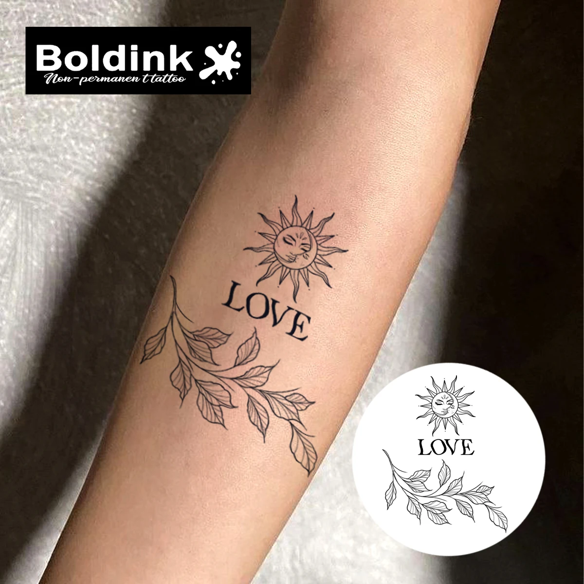 Boldink Sun and Love Botanical Design Temporary Tattoo,Lasts To 15 Days New Technology Magic Waterproof Semi Permanent Sticker.