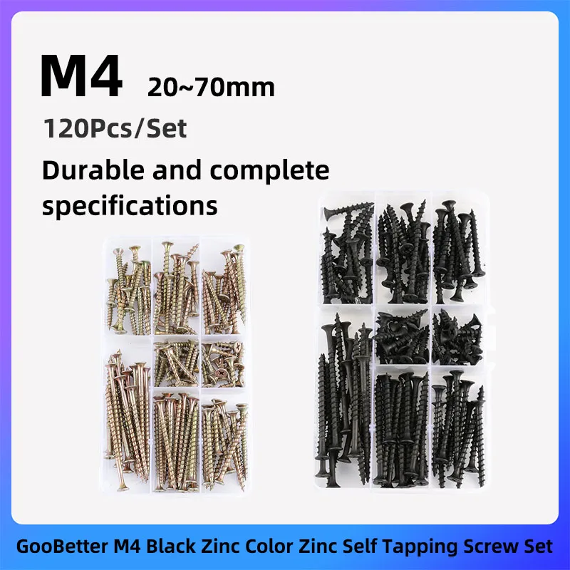 

GooBetter 120Pcs Self Tapping Wood Screws Set M4 20~70mm Black and Color Zinc KA Flat Head Phillips Quick Self Tapping Screws