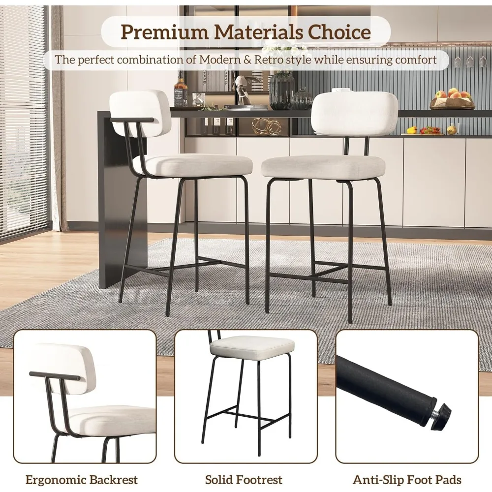 Conjunto de bancos de bar com altura de balcão de 3, bancos de cozinha de tecido branco de 26" com costas, pernas de metal, apoio para os pés e assento largo