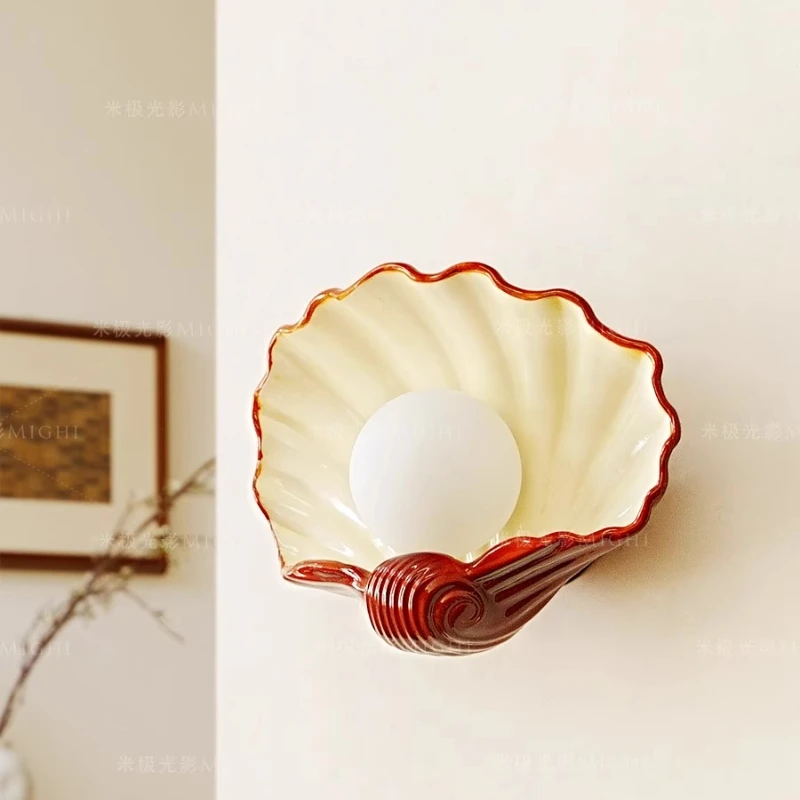 French vintage bedroom shell wall lamp retro brick red living room corridor artistic lighting fixture