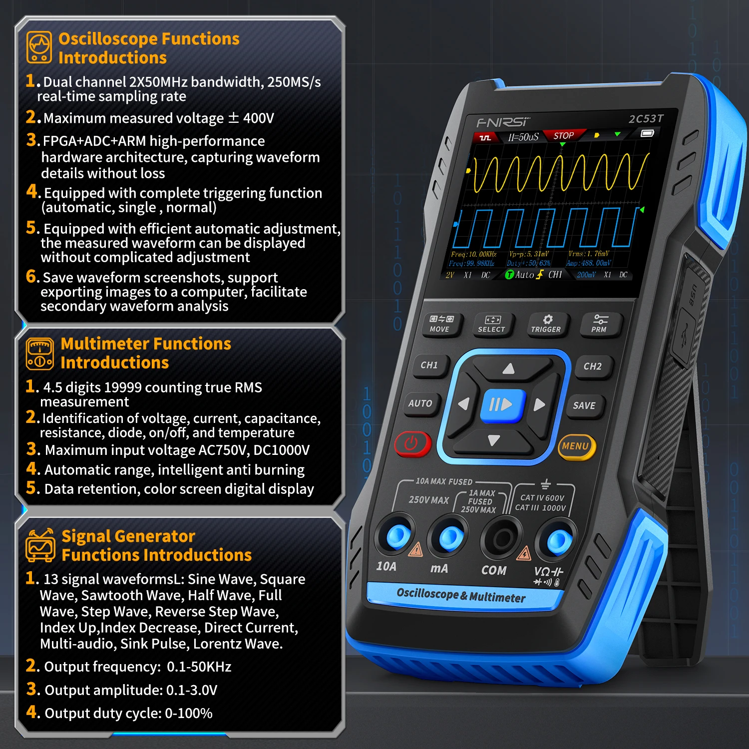 FNIRSI 2C53T 3 en 1 Oscilloscope numérique multimètre générateur de Signal 50MHz bande passante 250MS taux double canal 20000 points T-RMS