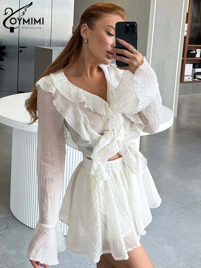 Oymimi Casual White Two Piece Set For Women Fashion Ruffled Long Sleeve Button Crop Tops And High Waist Mini Skirts Female Sets