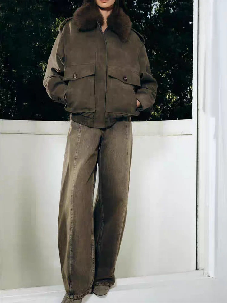 

Стильная женская куртка с отстегивающимся воротником из искусственной замши, зима 2025, модная, для повседневной носки, свободного кроя, на молнии