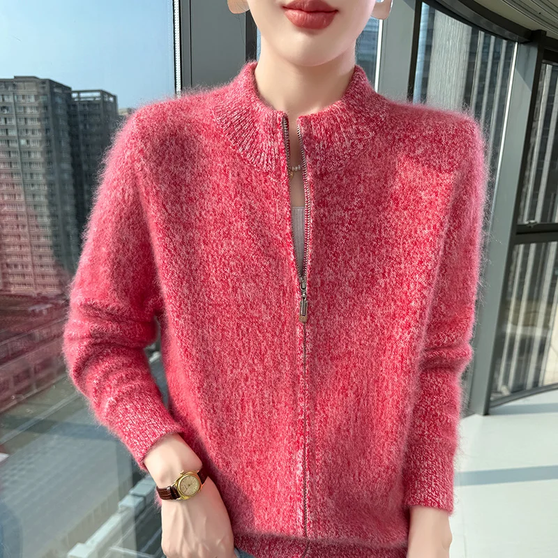 Fall/winter 100% Mink Velvet Women's Knitted Colorful Zipper Cardigan Loose Cardigan Semi-high Collar soft Sweater Coat