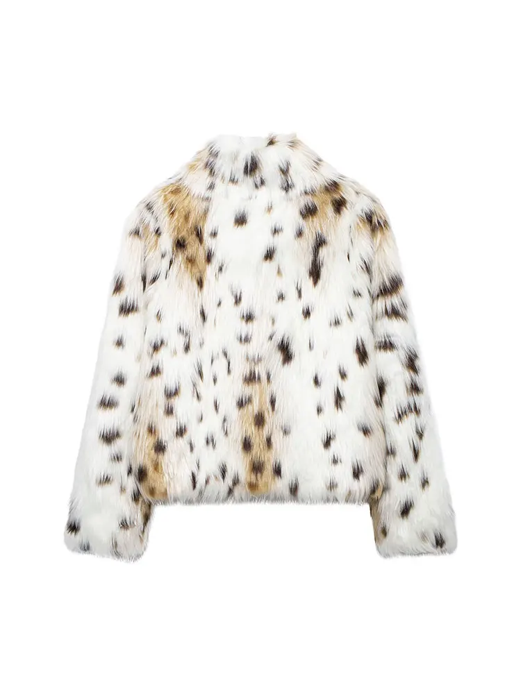 TRAF Winter Faux Fur Animal Pattern Jackets Women Coats Thick Warm Soft Cropped Jakcets Long Sleeve Coat Outwears