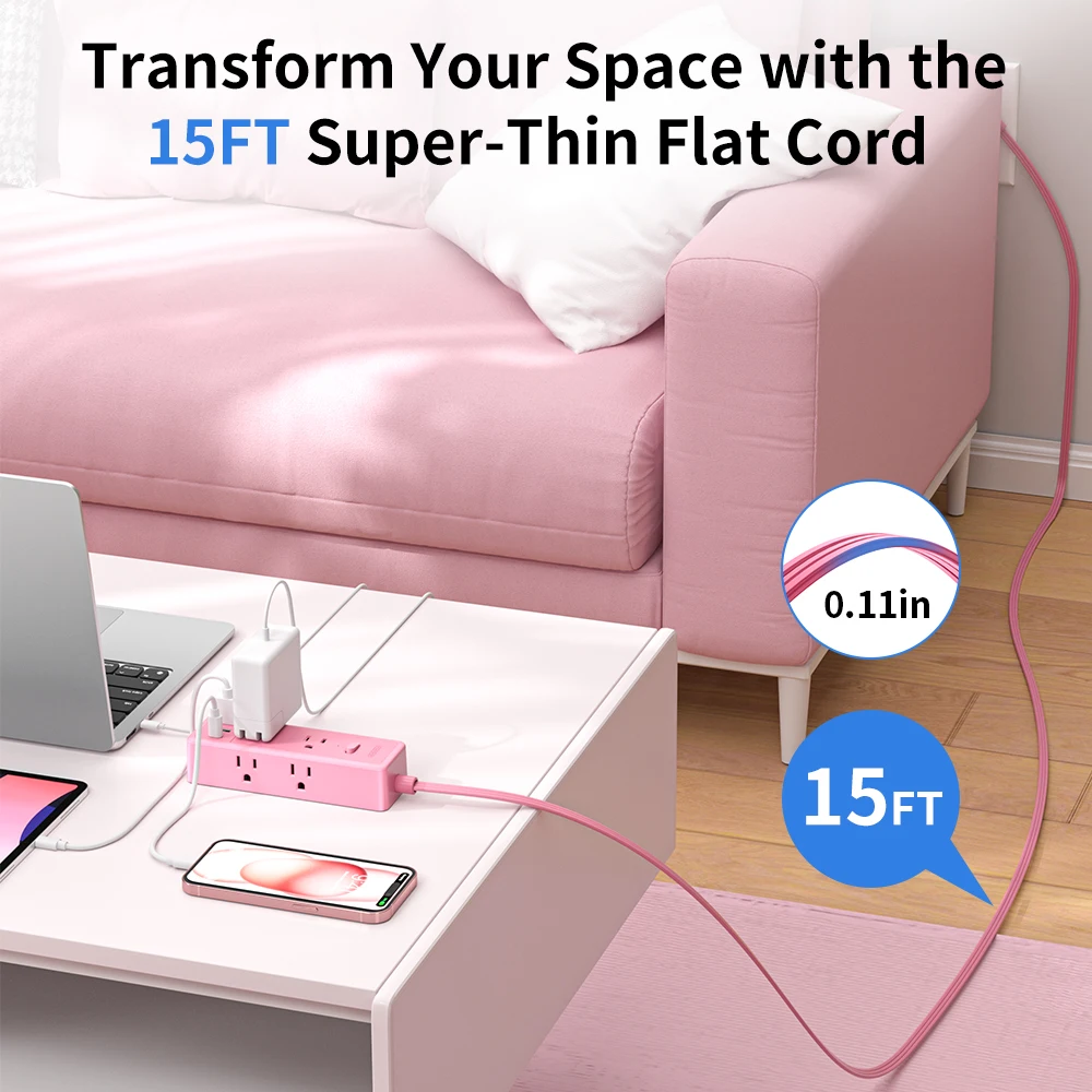Ntonpower US Plug Pink Power Strip com 6 tomadas 2 portas USB (1 USB-C) Tomada de alimentação Cabo de extensão plano de 15 pés Filtro de rede