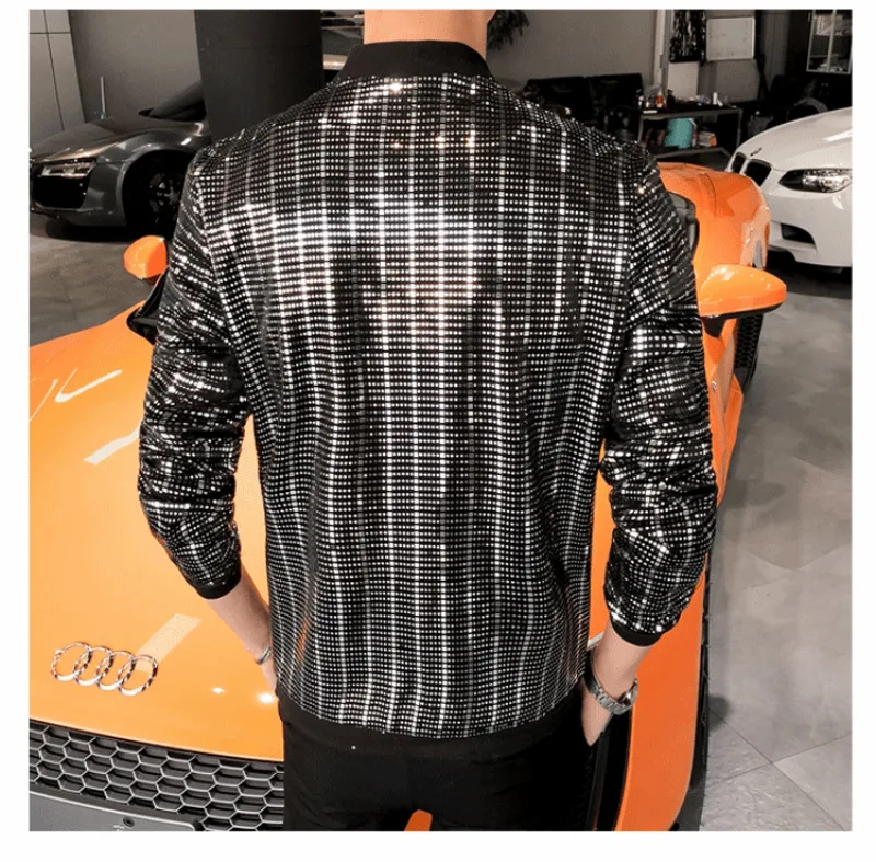 Jas Spring New Sequined Bomber Jacket Men Y2K Long Sleeve Glitter Zipper Thin Coat Hip Hop Night Club Stage Streetwear Coats Man