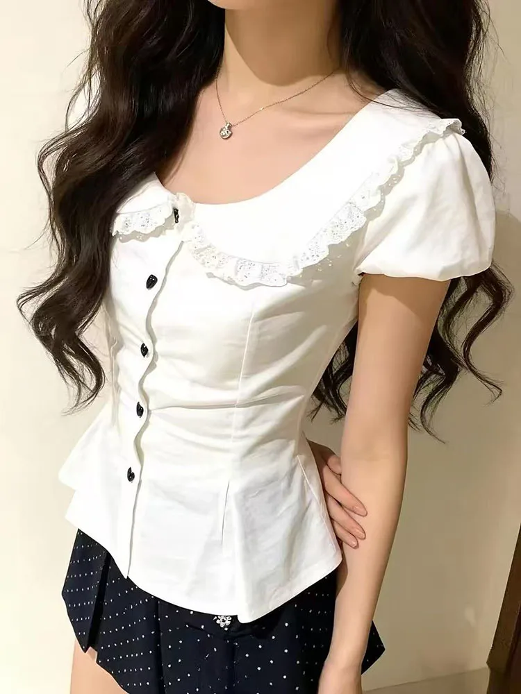 Sweet Peter Pan Collar Women White Shirt Summer Lace Patchwork Puff Sleeve Slim Blouse Japan Kawaii Lolita Buttons Lace Up Tops