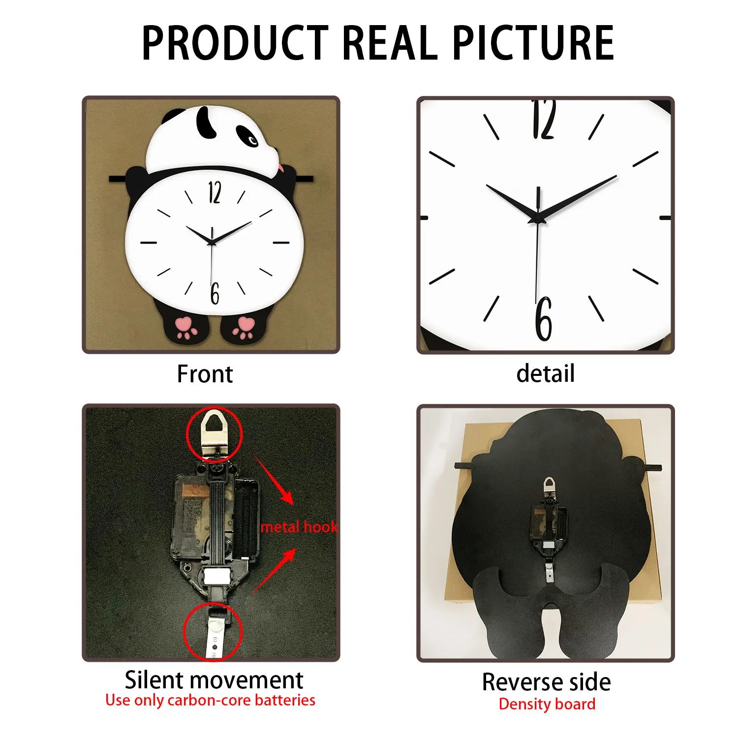 A Modern Cute Wooden Panda Silhouette Clock with Pink Paws, Large Swinging Wall Clock, Battery-Powered Silent Swinging Clock for Living Room, Bedroom, Home, Kitchen, Aesthetic Room Decoration, Unique Gift (Battery Not Included) - view 4