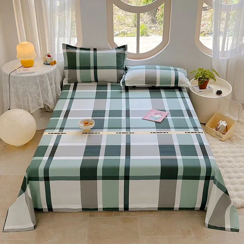 Green Plaid Cotton Thickened Bed Sheet Set Simple Stripe Design Bedding with Pillowcase Boys Girls Bedroom Decoration Bed Covers