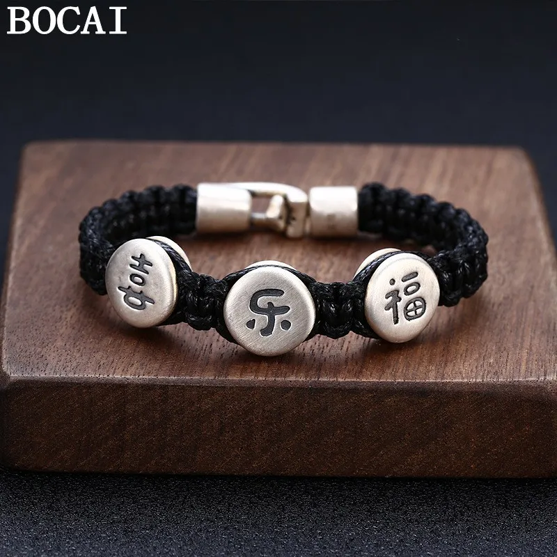 BOCAI S990 Silver Bracelets for Men Women Lovers 3D XiLeFu Letter Hard Argentum Circular Handwoven Art Vintage Hand String