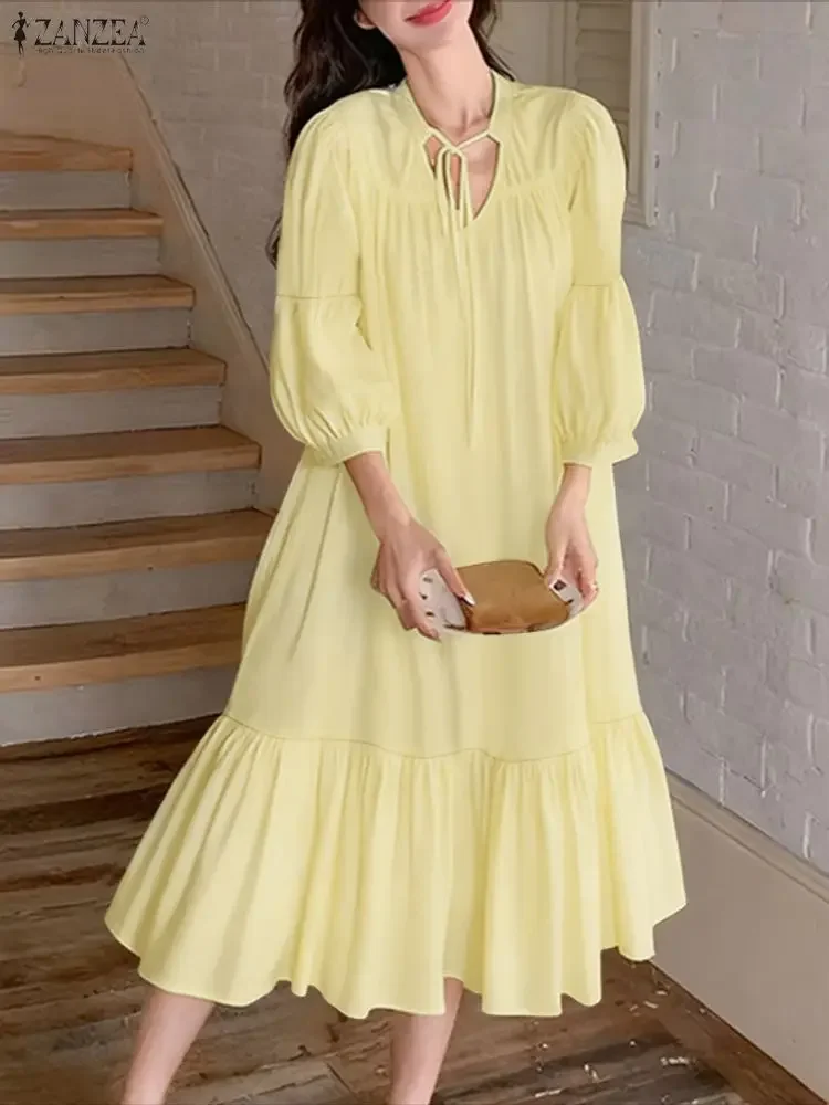 ZANZEA ファッションロングシャツドレス女性エレガントなオフィスストリートウェアミディサンドレス秋フリルパフスリーブ包帯パーティーローブ