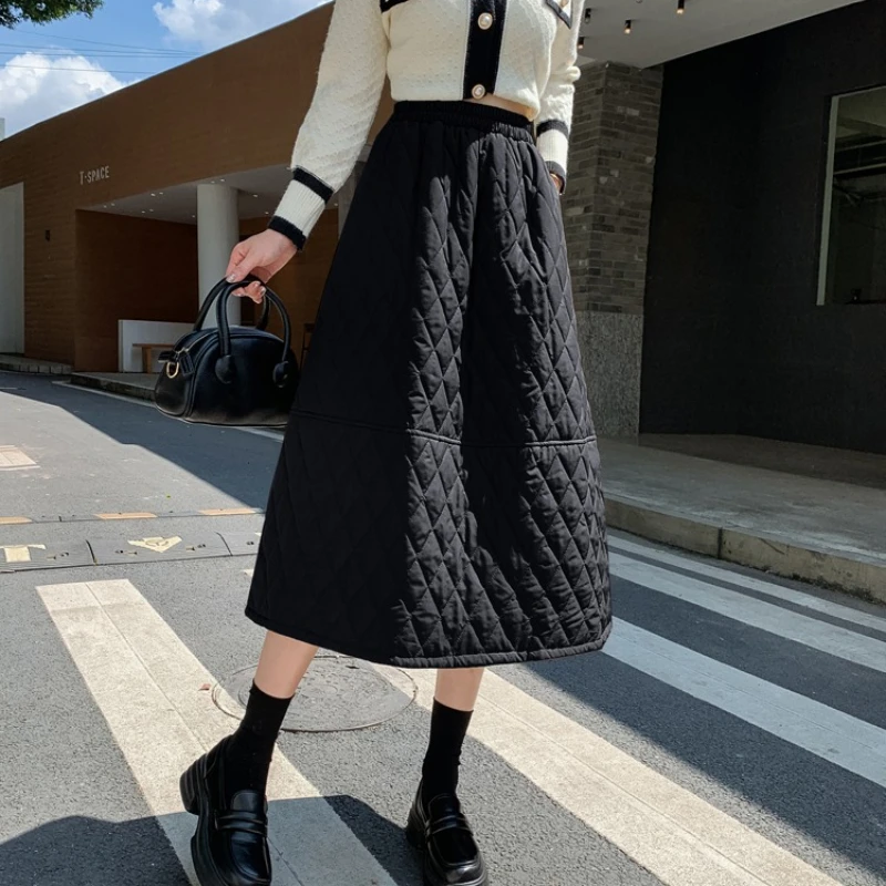 

High Quality Cotton-padded High-waisted Skirt Women Vintage Diamond-patterned A-line Skirt Fall Winter Thick Black Faldas 2025
