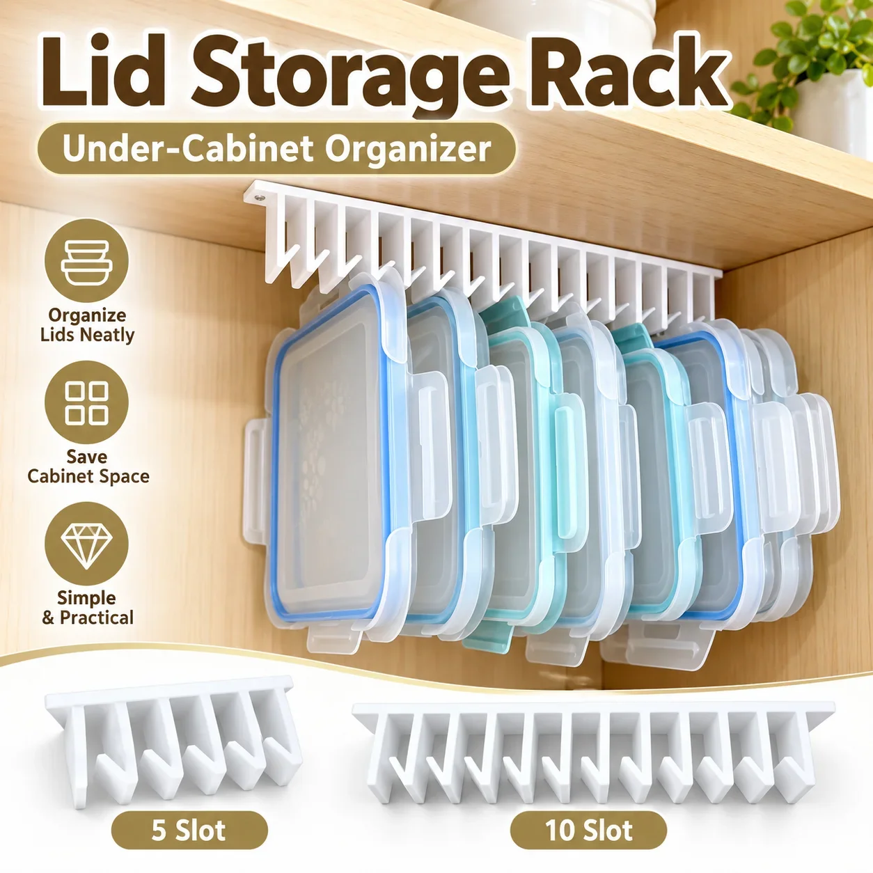 Under Cabinet Lid Organizer Food Container Lid Holder 5/10 Slot Screw Mount Kitchen Storage Rack Space Saving Organizer White