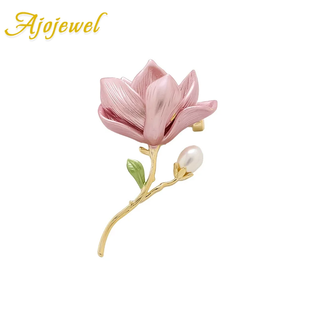 

Ajojewel Purple Pink Enamel Magnolia Flower Brooch For Clothes Chinese Style Elegant Pearl Corsage Pin