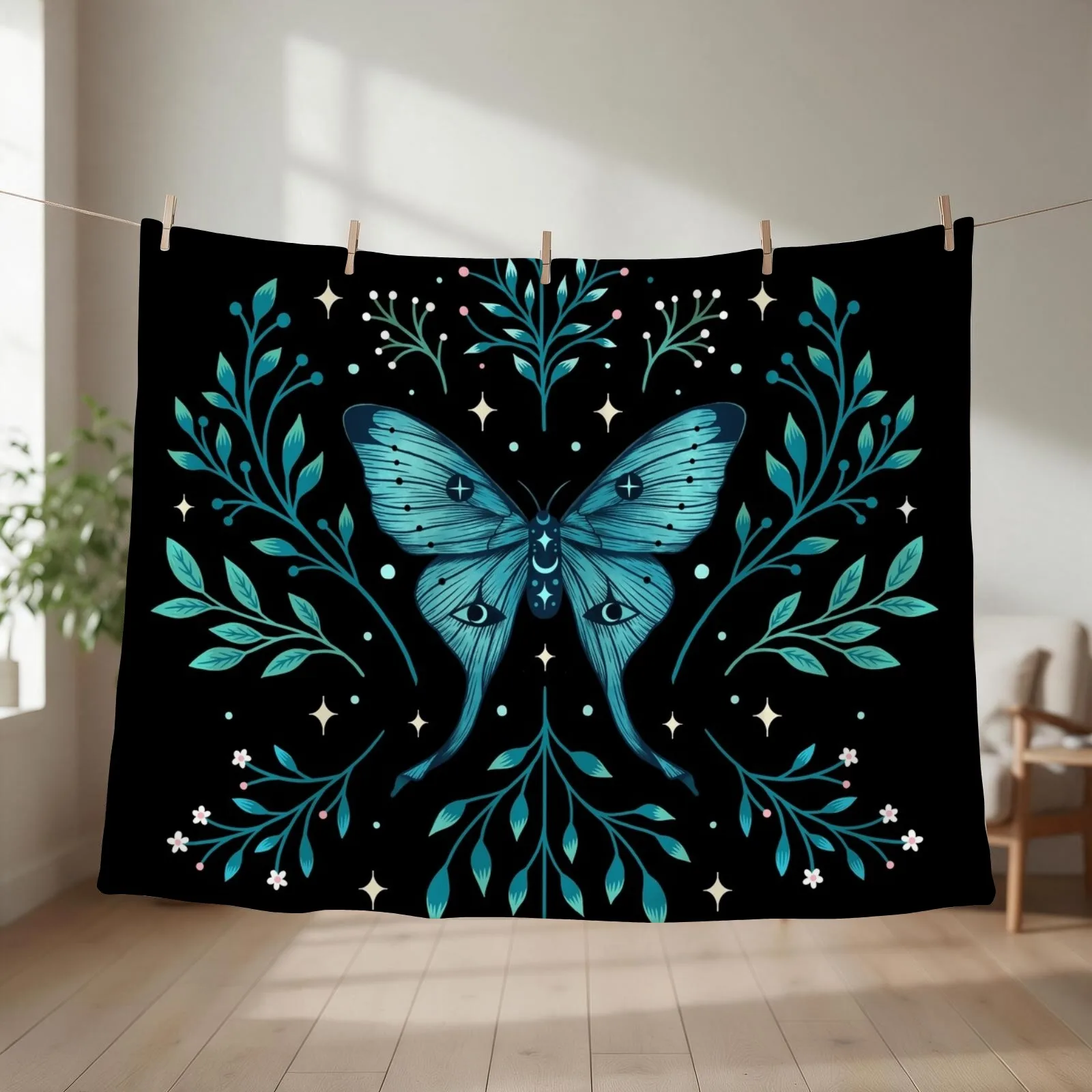 Mystical Moon Moth - Turquoise Throw Blanket Hairys Stuffeds Decoratives manga Blankets