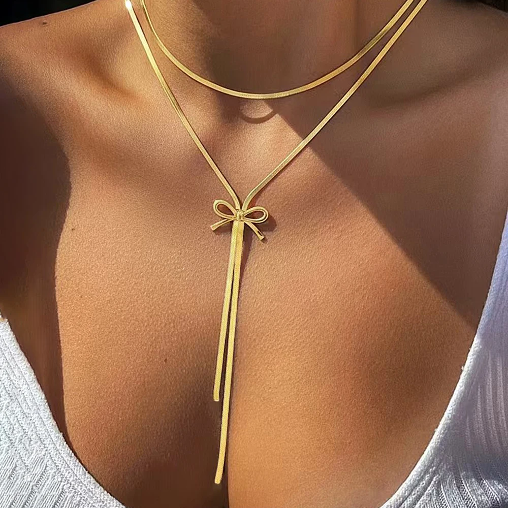 DOTIFI Stainless Steel Necklace French-inspired Delicate Bow with Tassels Unique Women's Jewelry Everyday Style Birthday Gift