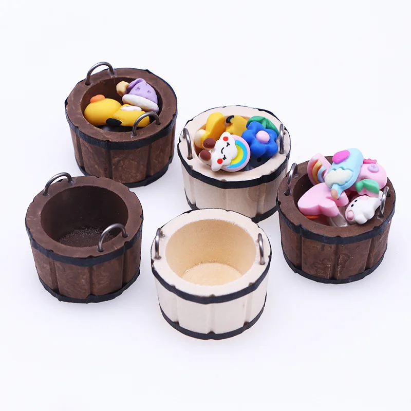 Doll house wooden bucket mini furniture model, miniature scene accessories BJD toy wooden basin shooting props