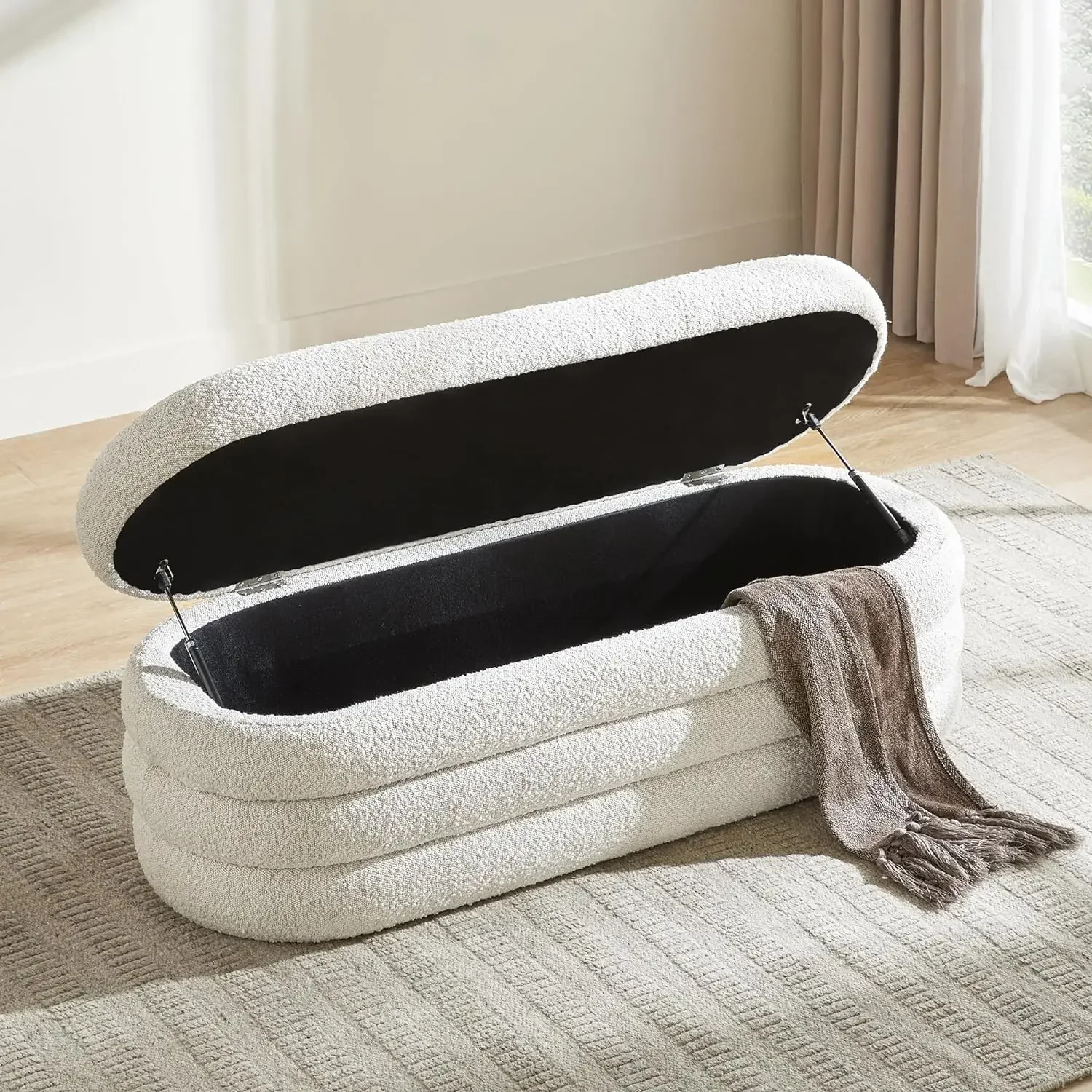 A Storage Ottoman Bench 49.2 Inch Upholstered Fabric End of Bed Storage Bench Aesthetic Large Foot of Bed Storage Bench (Ivory)