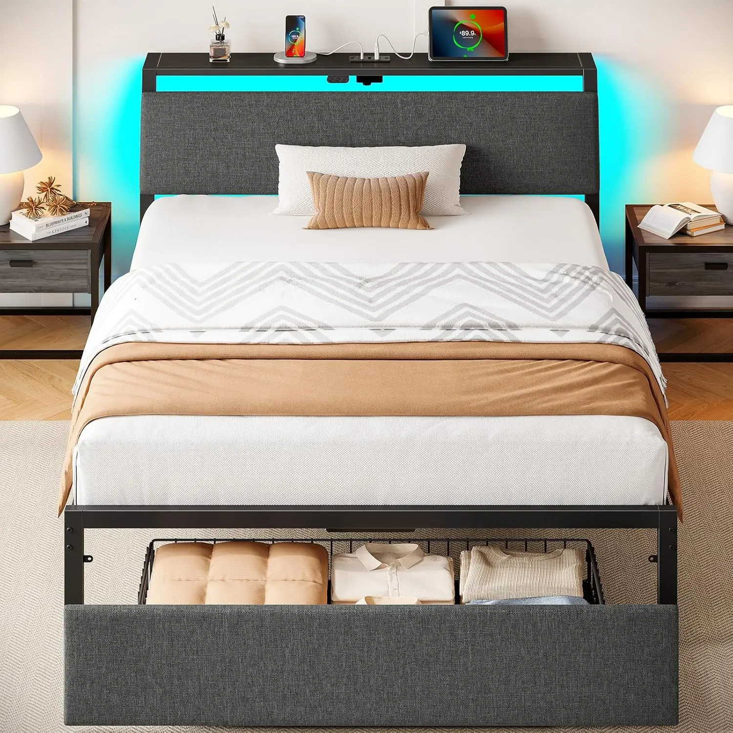 

Twin Bed Frame with Ergonomic Headboard Storage & Charging Station, Upholstered Platform Bed with LED Light & Drawer