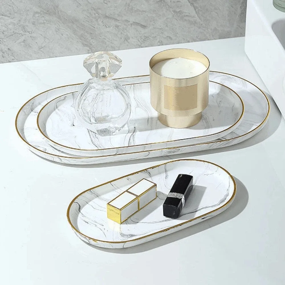 Gold Border Marble Oval Disk Multi Functional Marble Texture Jewelry Storage Tray Elegant Portable\ Jewelry Display Plate